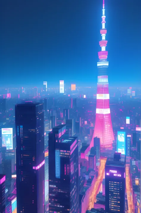 tokyo city in cyberpunk style, pink and blue lights