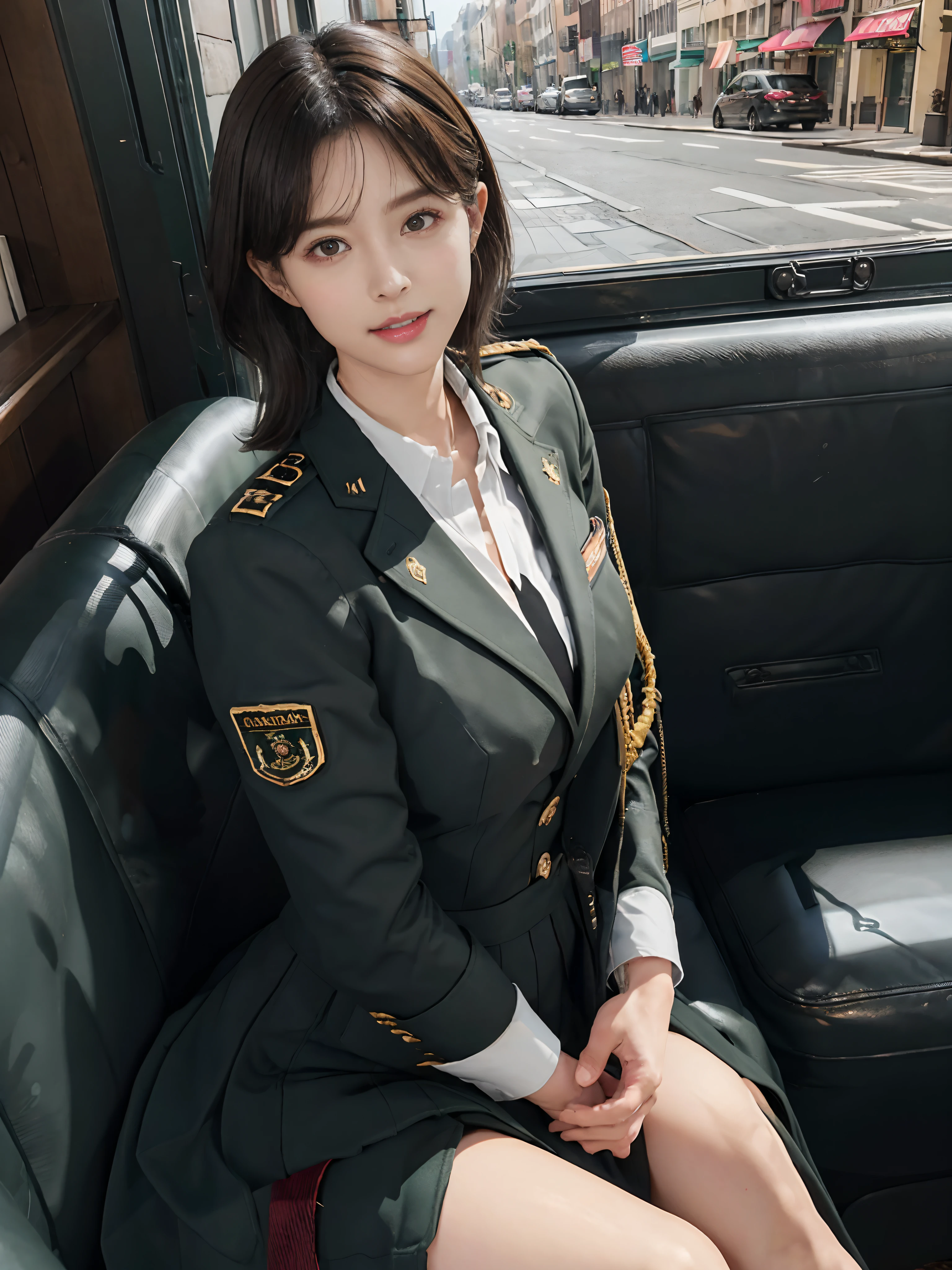 Very detailed CG unity 8K wallpaper，（tmasterpiece），（best qualtiy），（ultra - detailed），（Ultra photo realsisim），（best character detail：1.36），Nikon D750 f / 1.4 55mm，profesional lighting， physically-based renderingt, 1girll, Female soldier，army suit，Green military uniform，Fabric texture military uniform，Pure white lining，Dark green tie，Army green skirt，military hat，Black hair，the golden ratio,[:(com rosto detalhado:1.2):0.2]:,PureErosFace_V1, broad shoulder,(Bigchest:1.5),(big assa:1.5)，Wide buttock ，Bare legged，Plump legs，Move the center of gravity back，Squat on the grass，whitestocking，Small black leather shoes，hands lying on thighs，Soaked with sweat，red flags，At the cafe，Night Street，bright sun，Look at the audience from the front，Bright smile，White teeth，lighting，Contre-Jour，