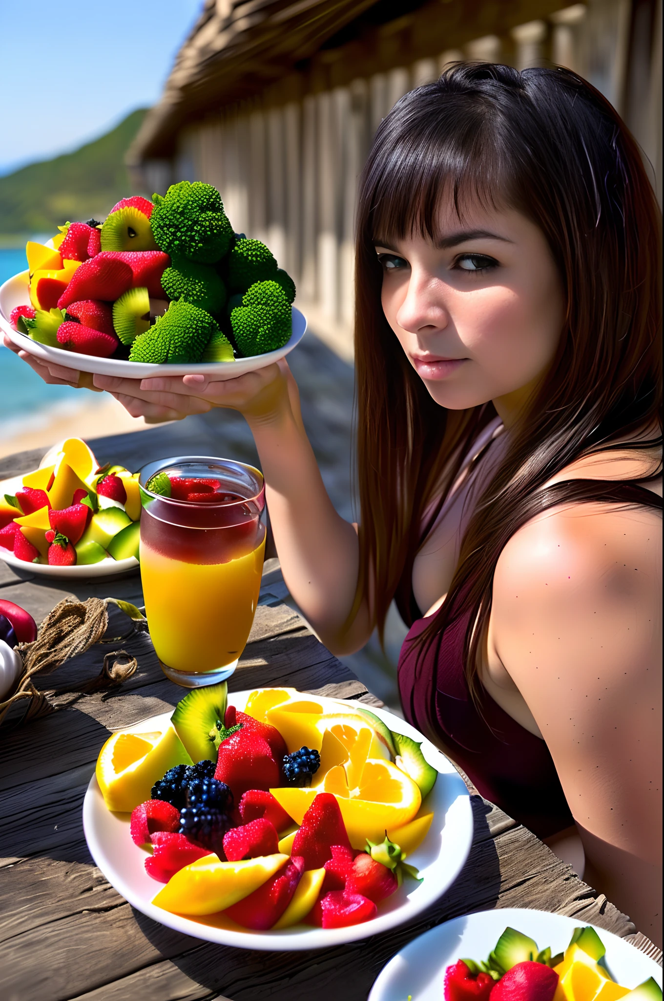 Mulher segurando um prato de frutas e legumes sobre uma mesa - SeaArt AI