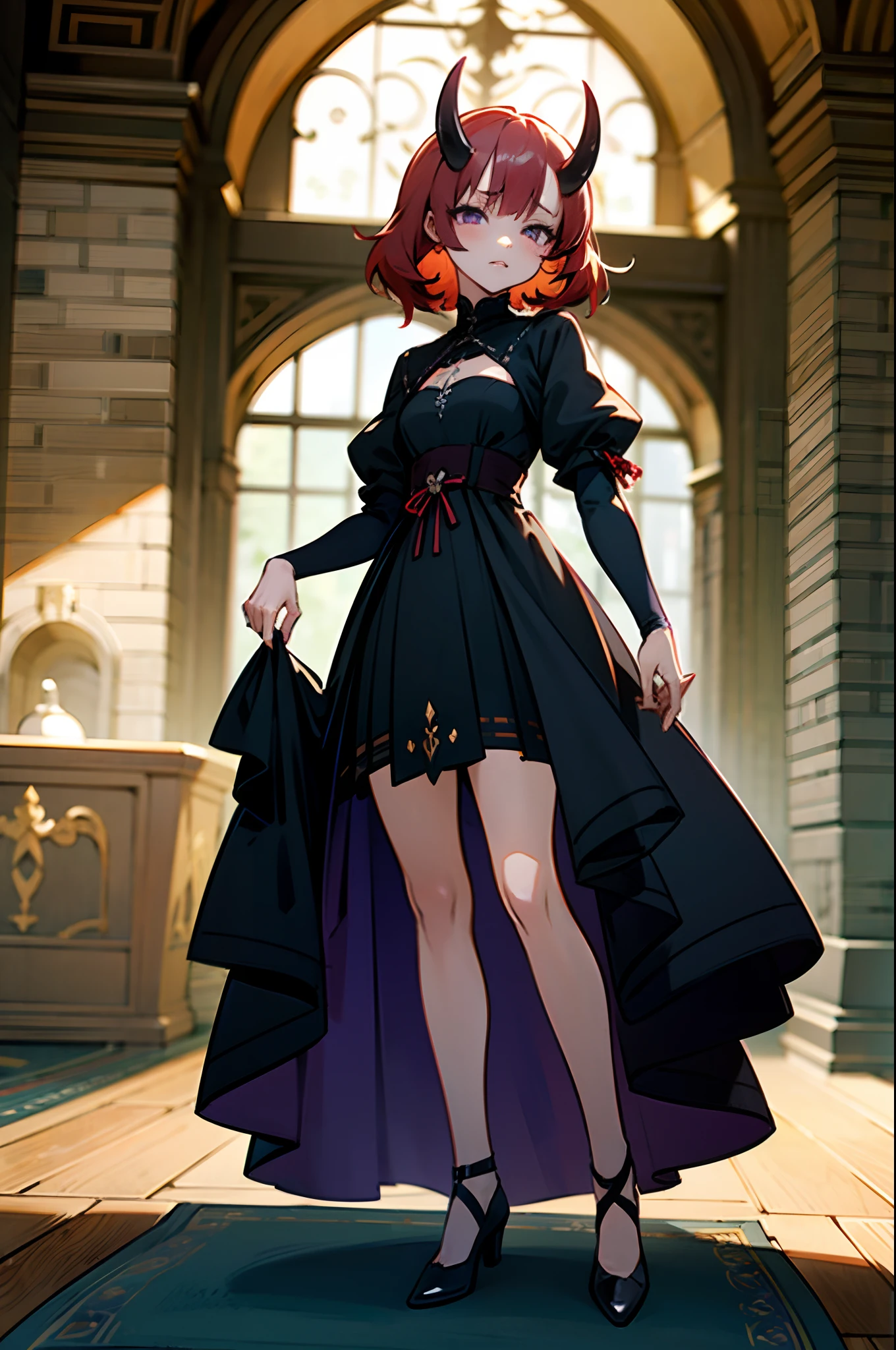 Anime girl with red short disheveled hair, black horns and purple eyes, wearing short medieval black beautifull dress, castle hall, medieval, old town, perfect face, cute face, ultrasharp, 8k, masterpiece, full body, seductive girl,