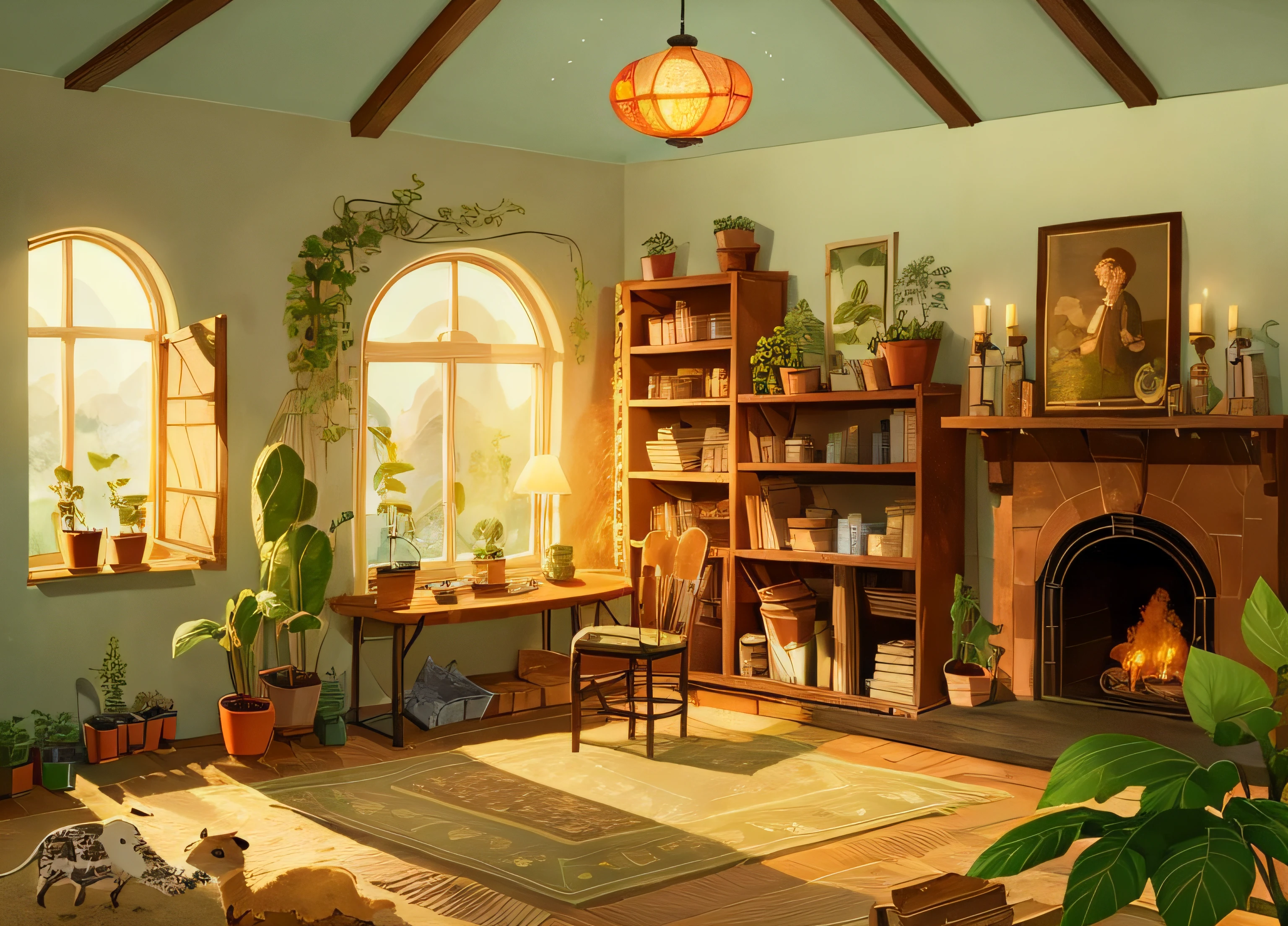 Masterpiece, Best Quality, Song of the Sea,
(Plant warehouse:1.3), vegetation, indoor, yuri, fireplace, coffee, A table, a chair, book case, Room with window.
Cartoon, texture, 2d illustration,