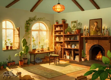 masterpiece, best quality, song of the sea,
(plant warehouse:1.3), vegetation, indoor, yuri, fireplace, coffee, a table, a chair...