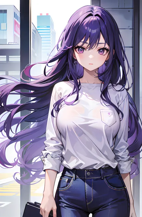 anime girl with purple hair and white shirt walking in front of a window, anime moe artstyle, ilya kuvshinov with long hair, ani...