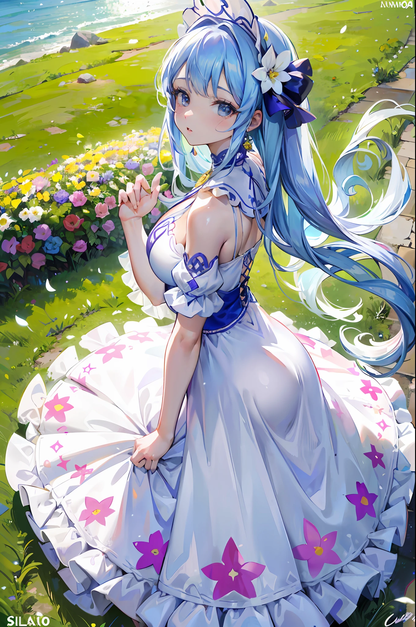 A beautiful woman in a field of beautiful wild flowers, in an elegant two-piece dress, wearing a modern and very flattering hairstyle. This is a spectacular aerial view of drones but up close. Taken with a professional camera. ((The best quality)) ((massive gigantic breasts))