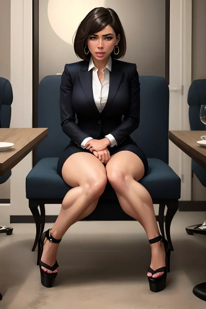 Brazilian, Bob haircut, muscular legs, muscular calves, Strong legs, muscular hips, wide thighs, Curvy hips, A full body shot, high-heeled sandals, tights in a net, Stiletto heels, Women's business suit with a short skirt, large ring earrings, He really wa...