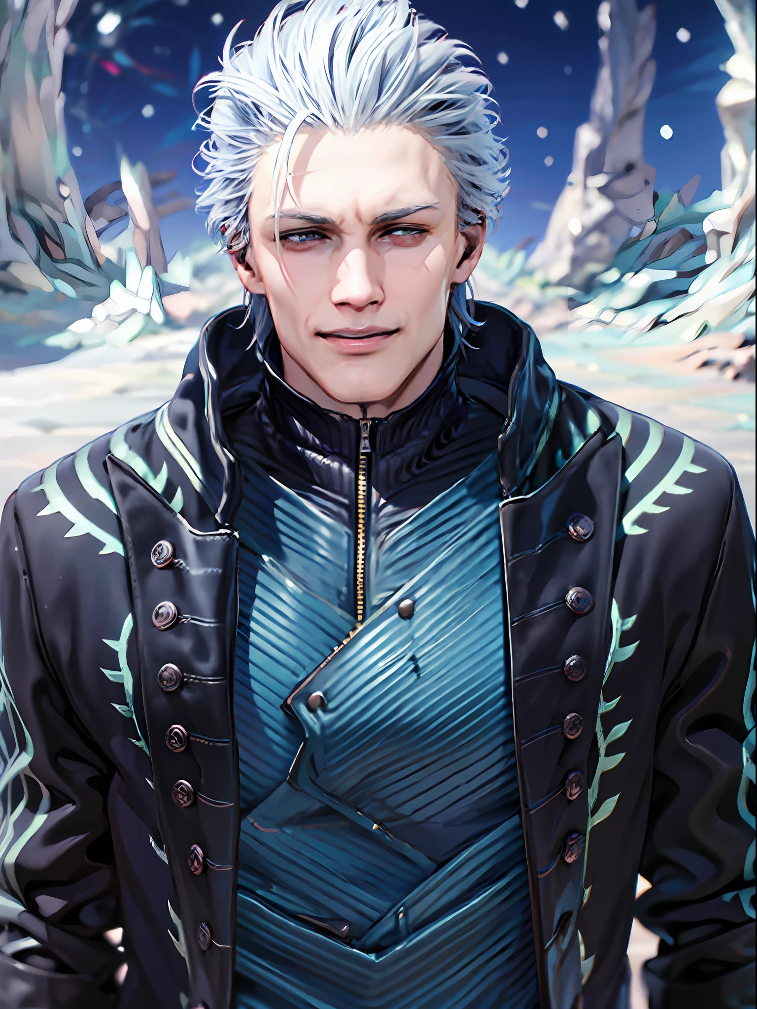 1boy,  jacket, Leather, male_focus, Realistic,  snowing, 独奏, White_Hair, zipper,Detailed body,Detailed hands,Detailed Face,vergil,Smiling,