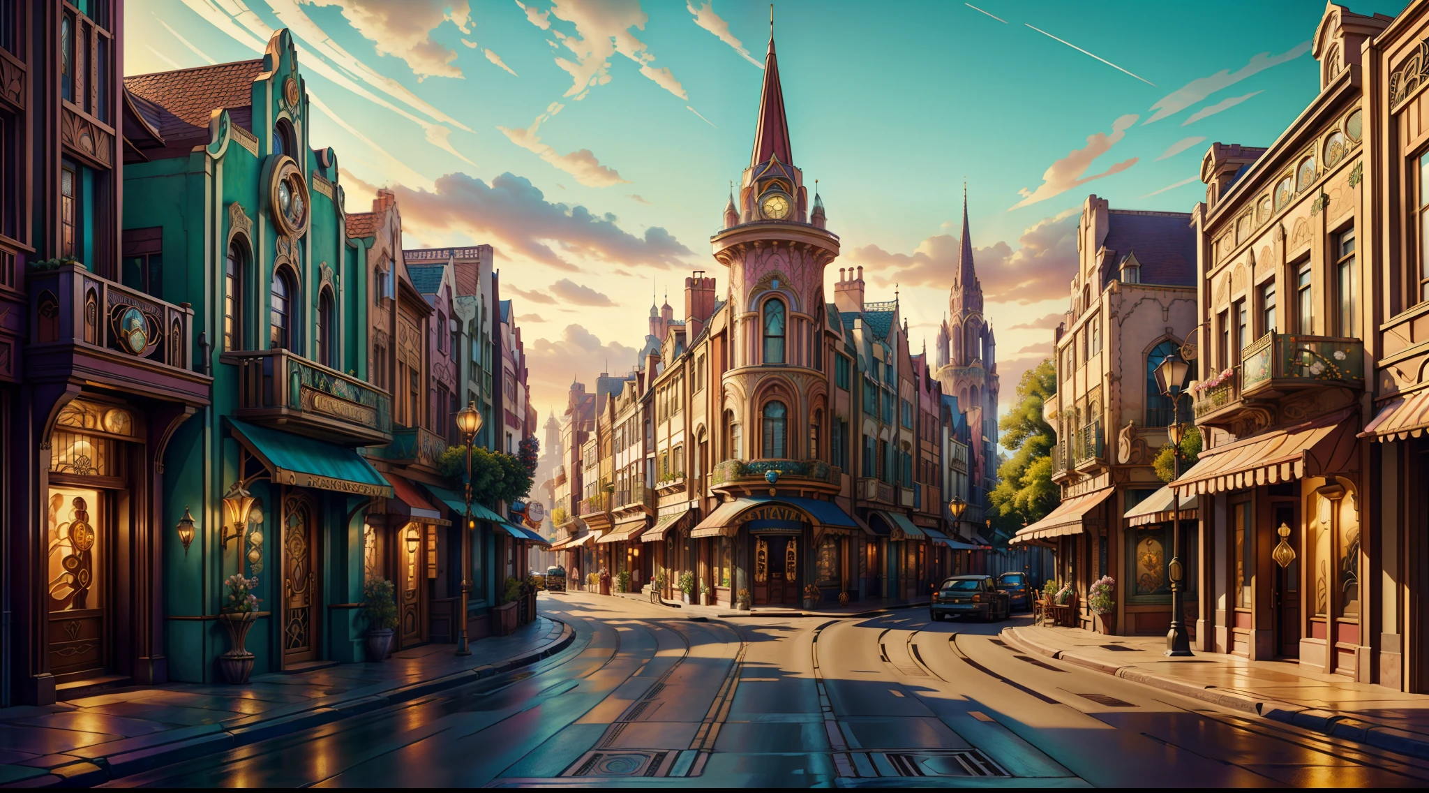 "picturesque townscape, breathtaking architecture ((Art Nouveau style)), ((paved street)), ((magic shops: 0.5)); town square, charming, vibrant cityscape, enchanting magical fantasy ambiance, (masterpiece), (best quality), (ultra-detailed) beautiful surroundings in the background, many flowers and trees, insanely detailed and intricate, hypermaximalist, elegant, ornate, hyper realistic, Cinematic Lighting, Side-View, scenery"