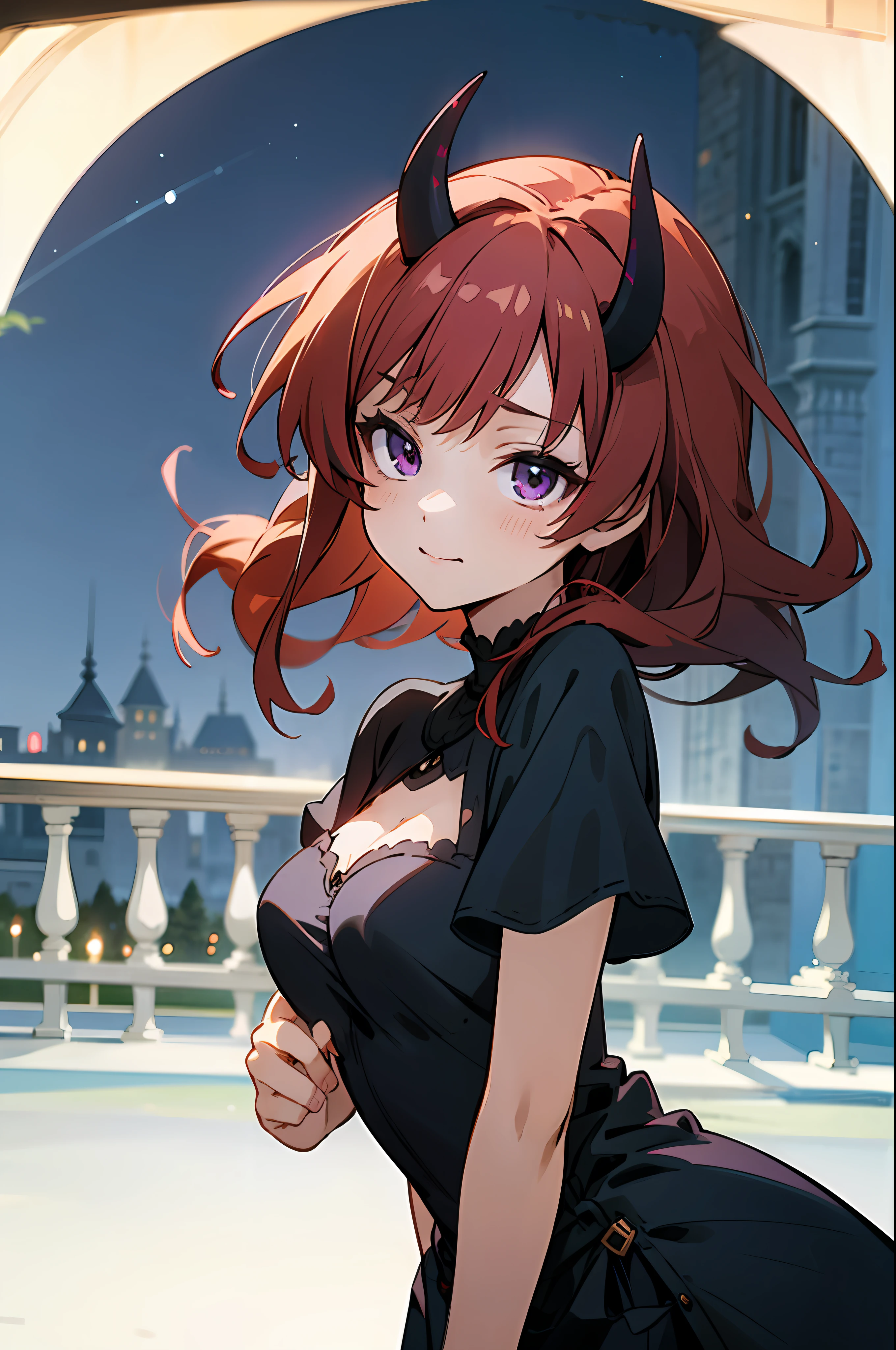 Anime girl with red short disheveled hair, black horns and purple eyes, wearing short medieval black beautifull dress, castle hall, night, black sky, medieval, old town, perfect face, cute face, ultrasharp, 8k, masterpiece, seductive girl, perfect eyes,