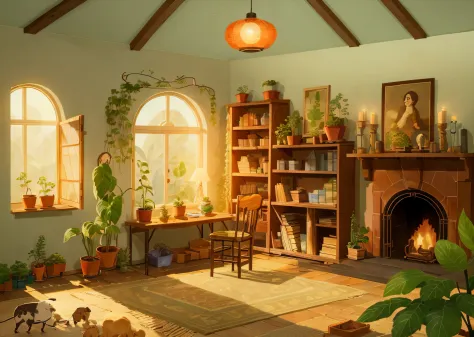 masterpiece, best quality, song of the sea,
(plant warehouse:1.3), vegetation, indoor, yuri, fireplace, coffee, a table, a chair...