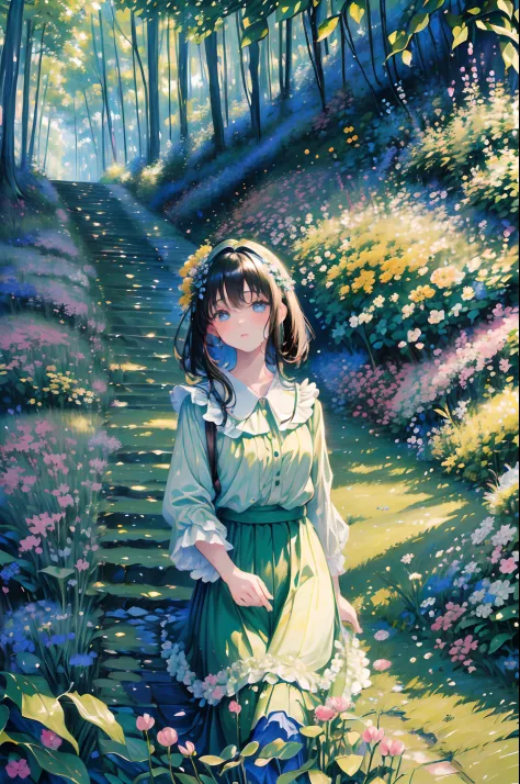 (masterpiece),(best quality),(ultra-detailed). 1girl, long skirt, black hair, holding flowers, wide shot. Up the green slope, beneath the forest's roof, With slow, soft steps leaving the mountain’s steep, And sought those inmost labyrinths, motion-proof