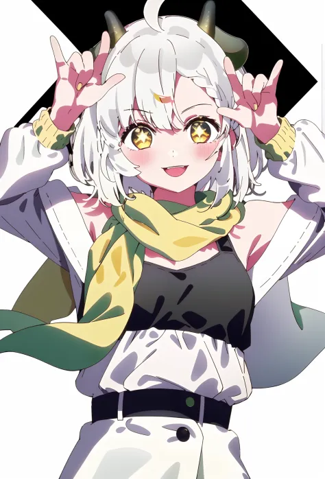 1girl, solo, double \m/, \m/, upper body, ((one eye closed)), open mouth, looking at viewer, smile, blush,white background, simple background, ((white hair)), short hair,ahoge,((french braid)),((((green scarf)))),green hairclip,(((dark brown horns))),((gol...