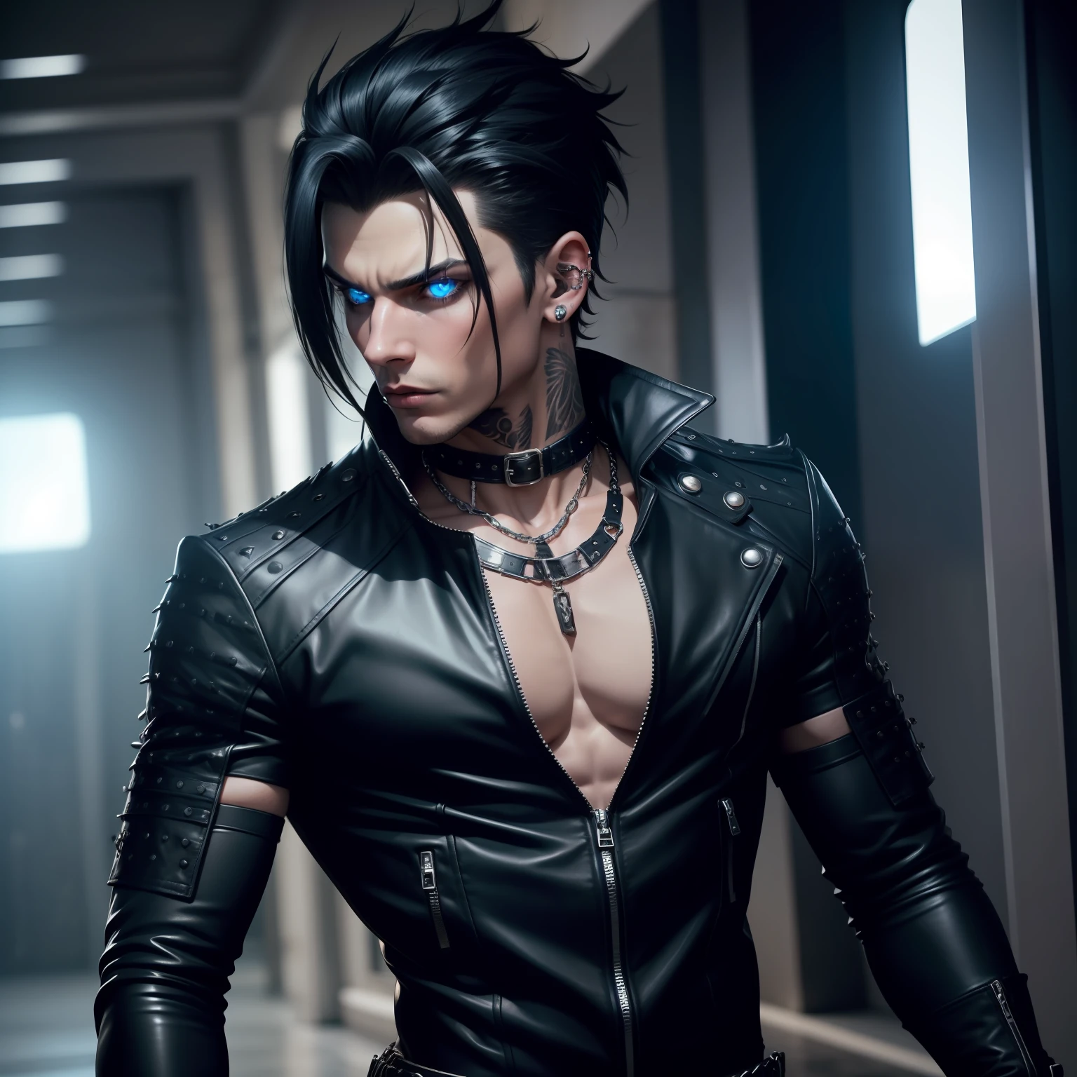 Male. Alluring Zombie. Radiant glowing blue eyes. Lean, yet muscular physique. Jet black hair styled in a punk fashion. Adorned with numerous piercings. Clad in sleek leather attire.