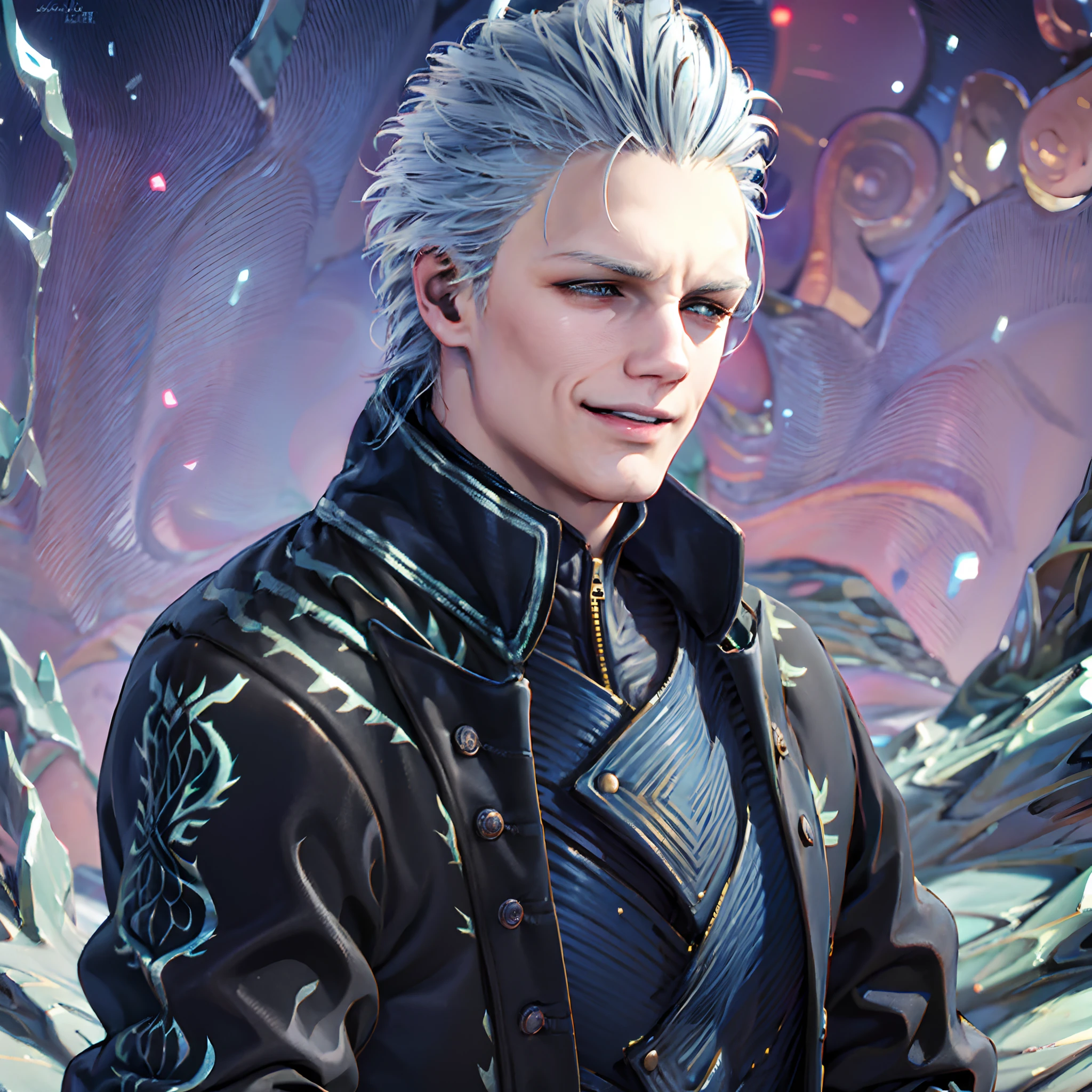 1boy,  jacket, Leather, male_focus, Realistic,  snowing, 独奏, White_Hair, zipper,Detailed body,Detailed hands,Detailed Face,vergil,Smiling,