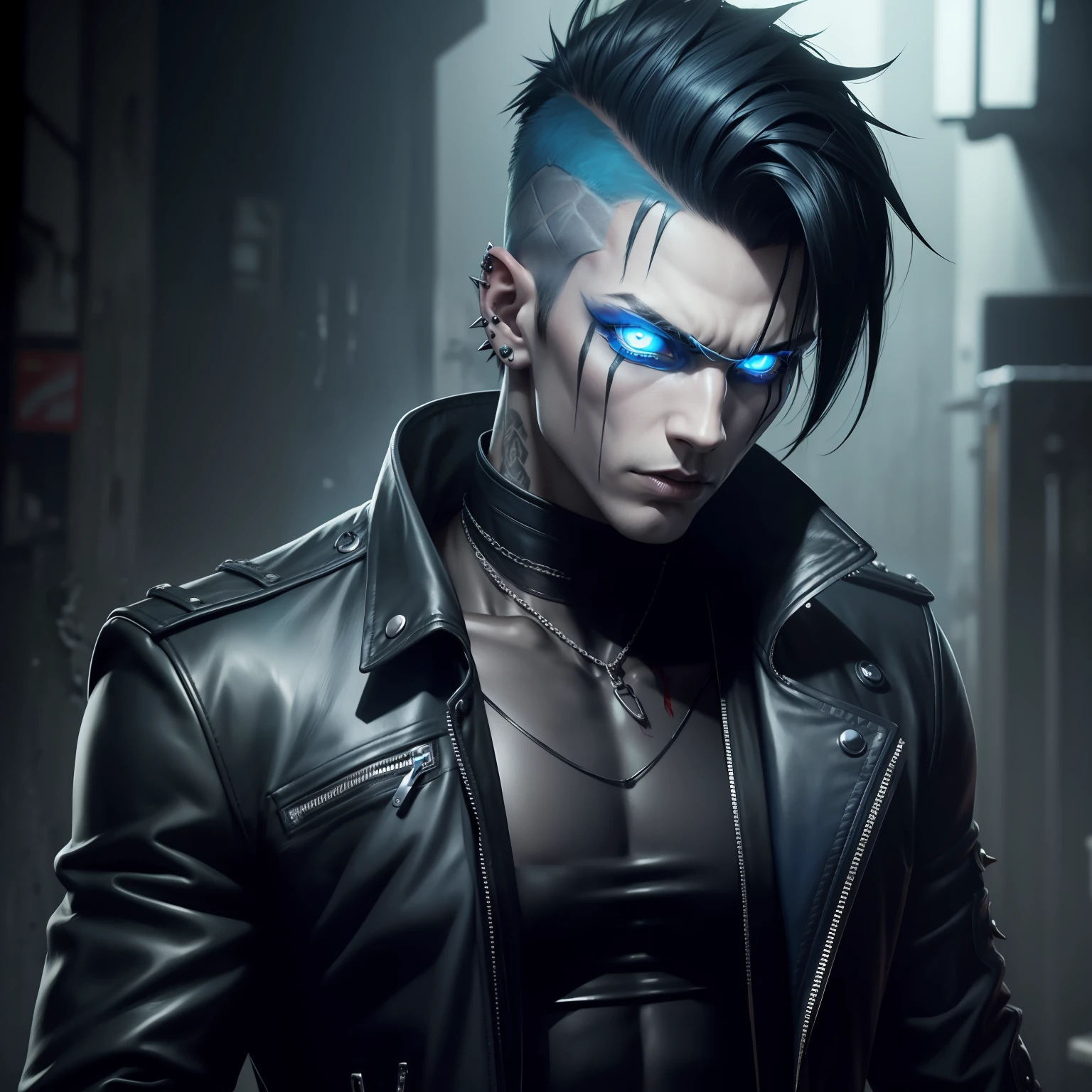 Male. Attractive Zombie. Glowing blue eyes. Slender, hut muscled. Black hair. Punk hairstyle. Lots of piercings. Dressed in leather.