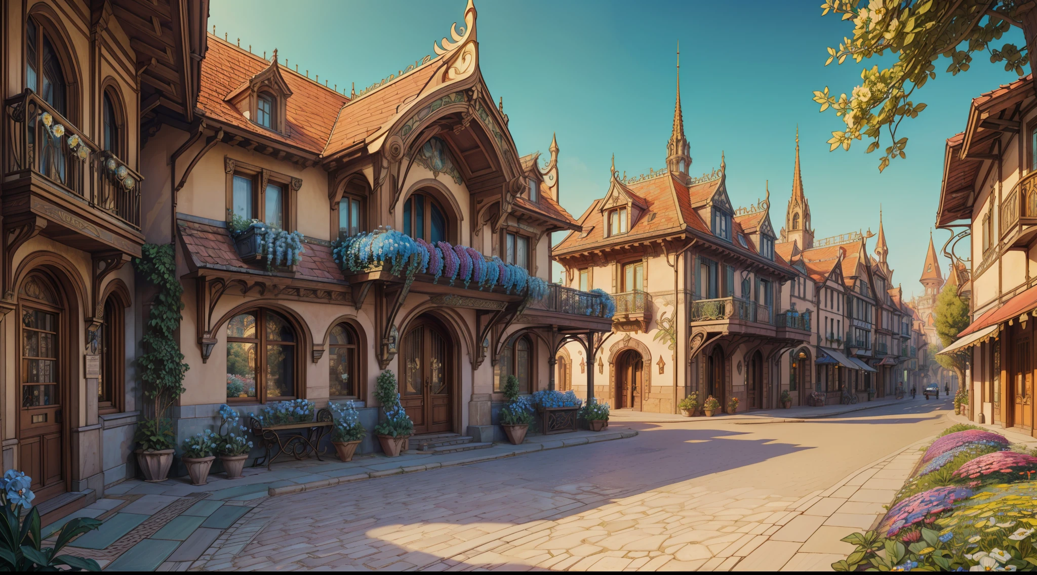 "picturesque townscape, breathtaking architecture ((Art Nouveau style)), ((paved street)), town square, charming, enchanting magical fantasy ambiance, (masterpiece), (best quality), (ultra-detailed) beautiful surroundings in the background, many flowers and trees, insanely detailed and intricate, hypermaximalist, elegant, ornate, hyper realistic, Cinematic Lighting, Side-View, scenery"