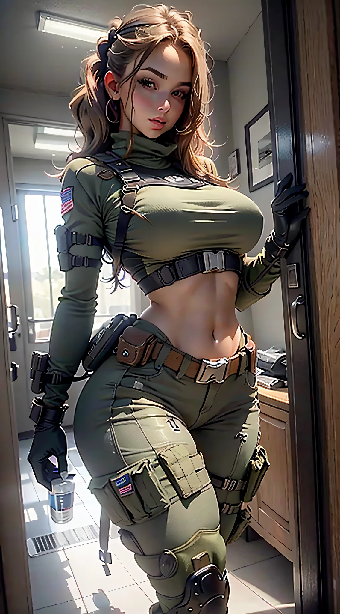 Beautiful woman in detail defined body，Use the role play of American paratrooper commando troops，，huge tit，big breasts thin waist，Buttock augmentation，nakeness