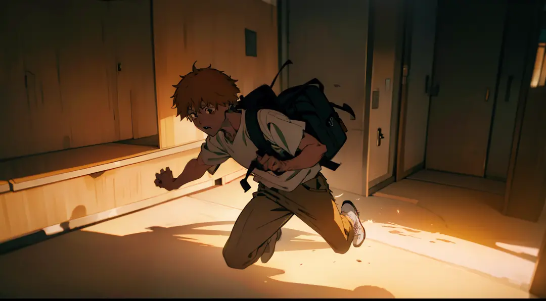 Denji hurriedly grabbing his backpack and dashing out of his house, running late. Captured in the vivid realism of a 35mm lens, ...