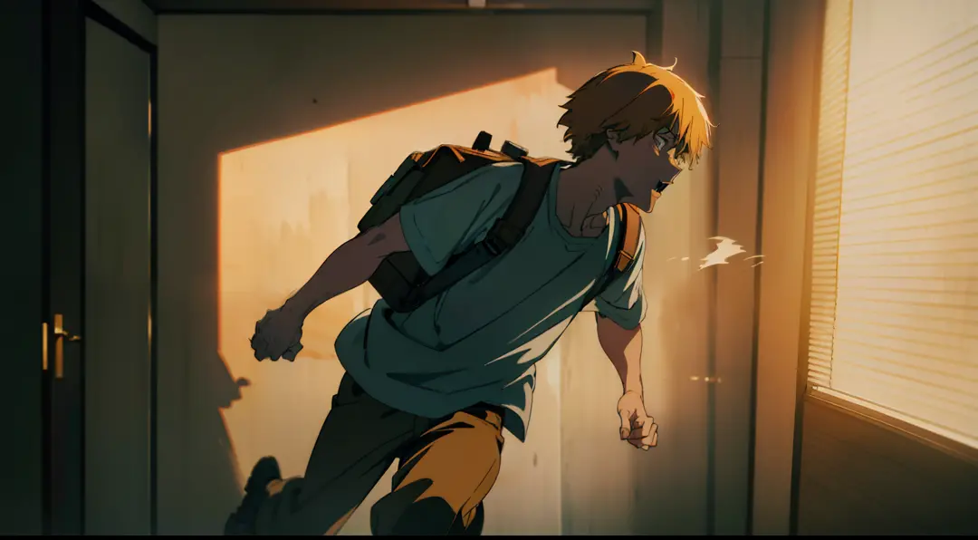 Denji hurriedly grabbing his backpack and dashing out of his house, running late. Captured in the vivid realism of a 35mm lens, ...