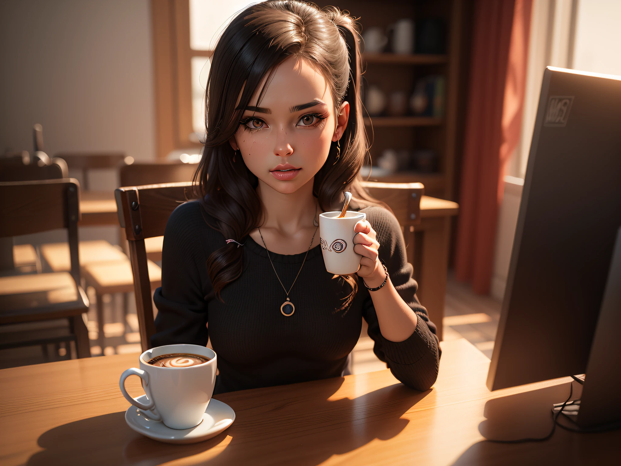 niña tomando café render 3d, pegatinas