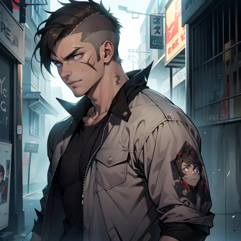 Male. Attractive Zombie. Glowing Gray eyes. Muscled. Brown hair. Short, spikey hairstyle. Dressed in casual clothing.