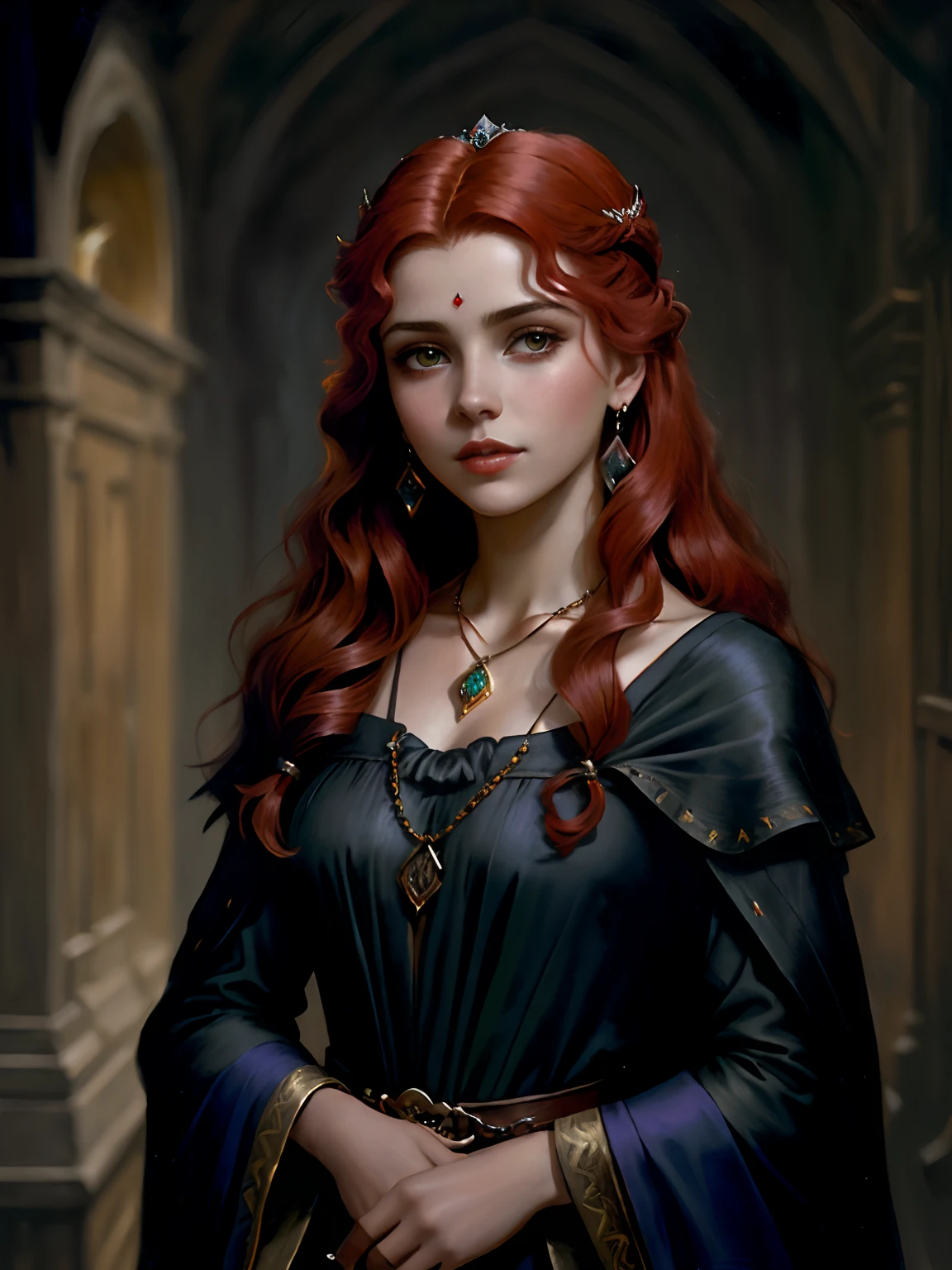 pintura de uma jovem mulher com cabelo vermelho e um estrangulamento em um vestido preto, Estilo de arte de John Collier, Donzela com cabelo de cobre, estilo de Karol Bak, uma jovem ruiva, Retrato de uma jovem bruxa, Estilo de arte não Bowater, Dirigido por: Robert Lenkiewicz, Geraldo Brom, Alberto Lynch, retrato da princesa Mérida, Dave Sim, Menina de cabelos vermelhos em um palácio sombrio, vestido preto e roxo de veludo usando um kokoshnic, vestido luxuoso preto, adorno de cabeça, gargantilha de renda preta, Adornos no pescoço, jóias, Kokoshnic adorno de cabeça, rosto redondo, Jovens bonitos características perfeitas, rosto bonito, adornos no cabelo