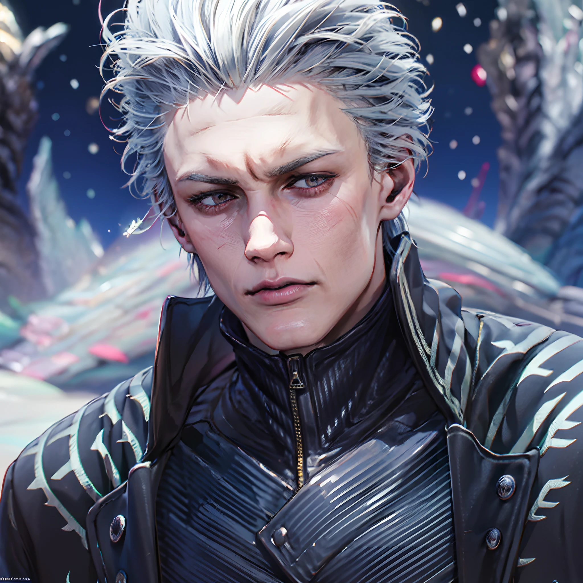 1boy,  jacket, Leather, male_focus, Realistic,  snowing, 独奏, White_Hair, zipper,Detailed body,Detailed hands,Detailed Face,vergil,