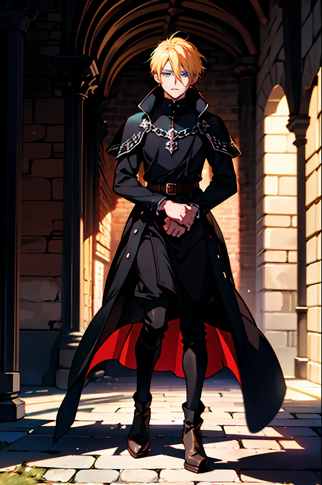 Anime boy with blonde hair and blue eyes, Medieval black dress, castle hall, night, black sky, medieval, old town, perfect face, ultrasharp, 8k, masterpiece, seductive boy, perfect eyes, full body