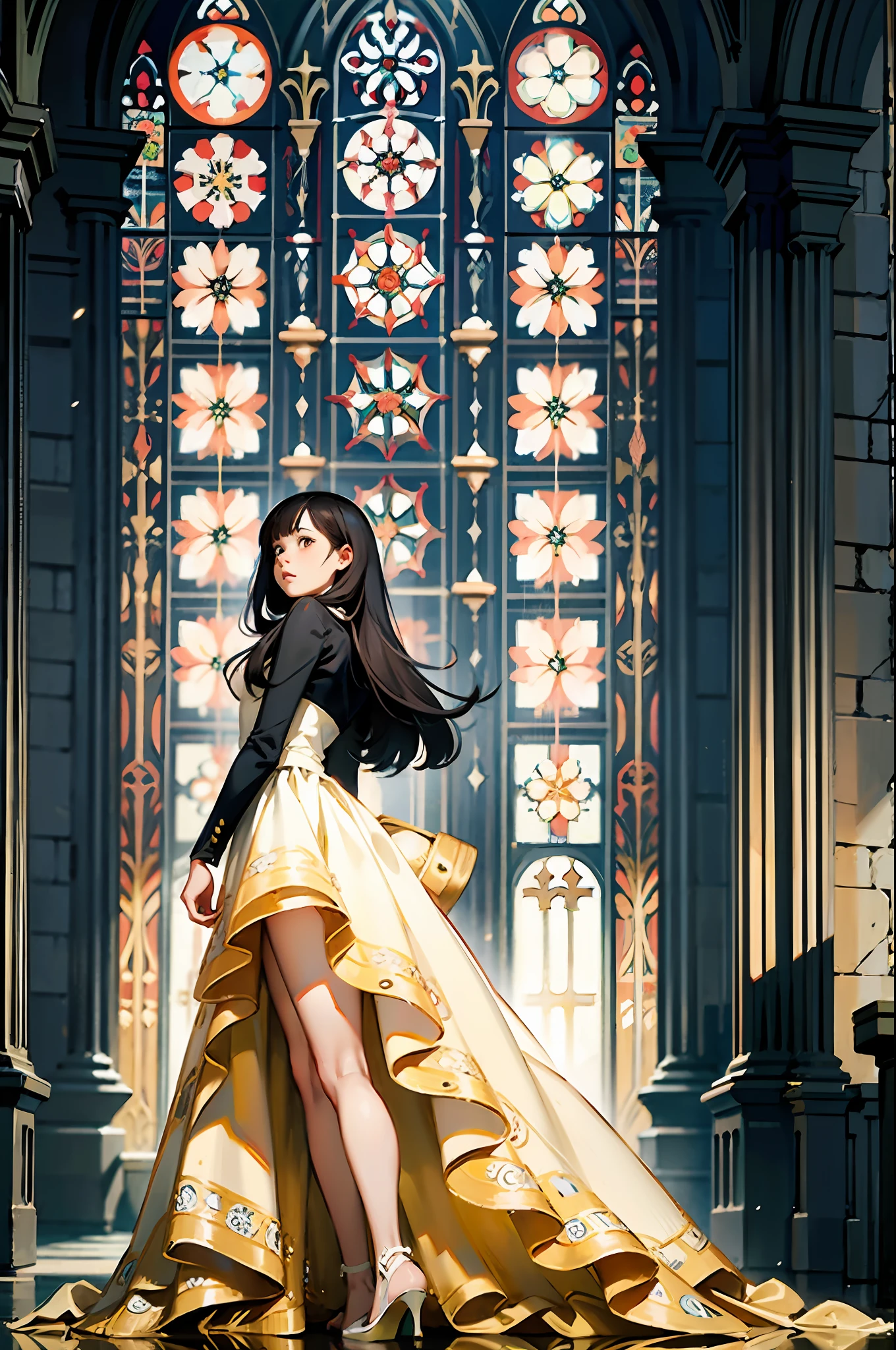Chica de cuerpo completo con el vestido más largo que le cubre todas las piernas., floral pattern, Dentro de una catedral