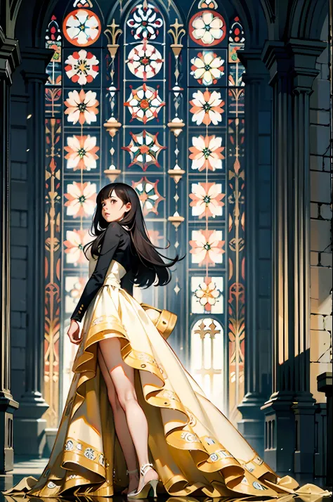 fullbody girl with the longest dress covering her whole legs, floral pattern, inside a cathedral