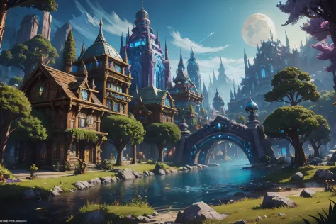 Generate a beautiful and realistic version of ((Silvermoon City)) in Eversong Forest from World of Warcraft. Include beautiful fantasy touches and magical accents. This artowrk is of the highest quality and mimics current masters of the genre as well as ut...