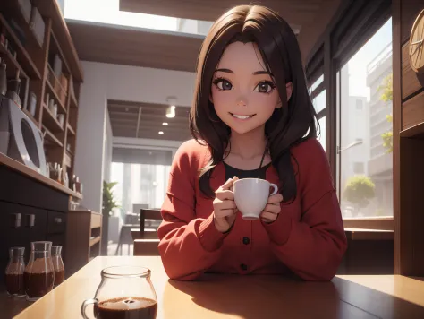 girl drinking coffee render 3D, Adesivos, menina sorrindo e feliz 3D render