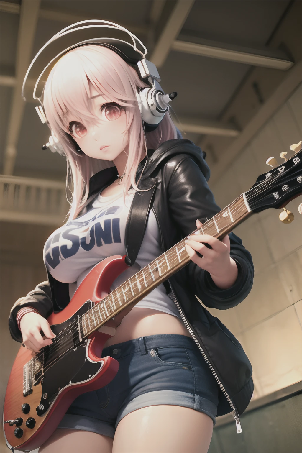 (masterpiece, best quality:1.2), solo, 1girl, super sonico, expressionless, playing guitar, holding instrument, headphones, red eyes, hooded jacket, shirt, shorts, gigantic breast, big lips