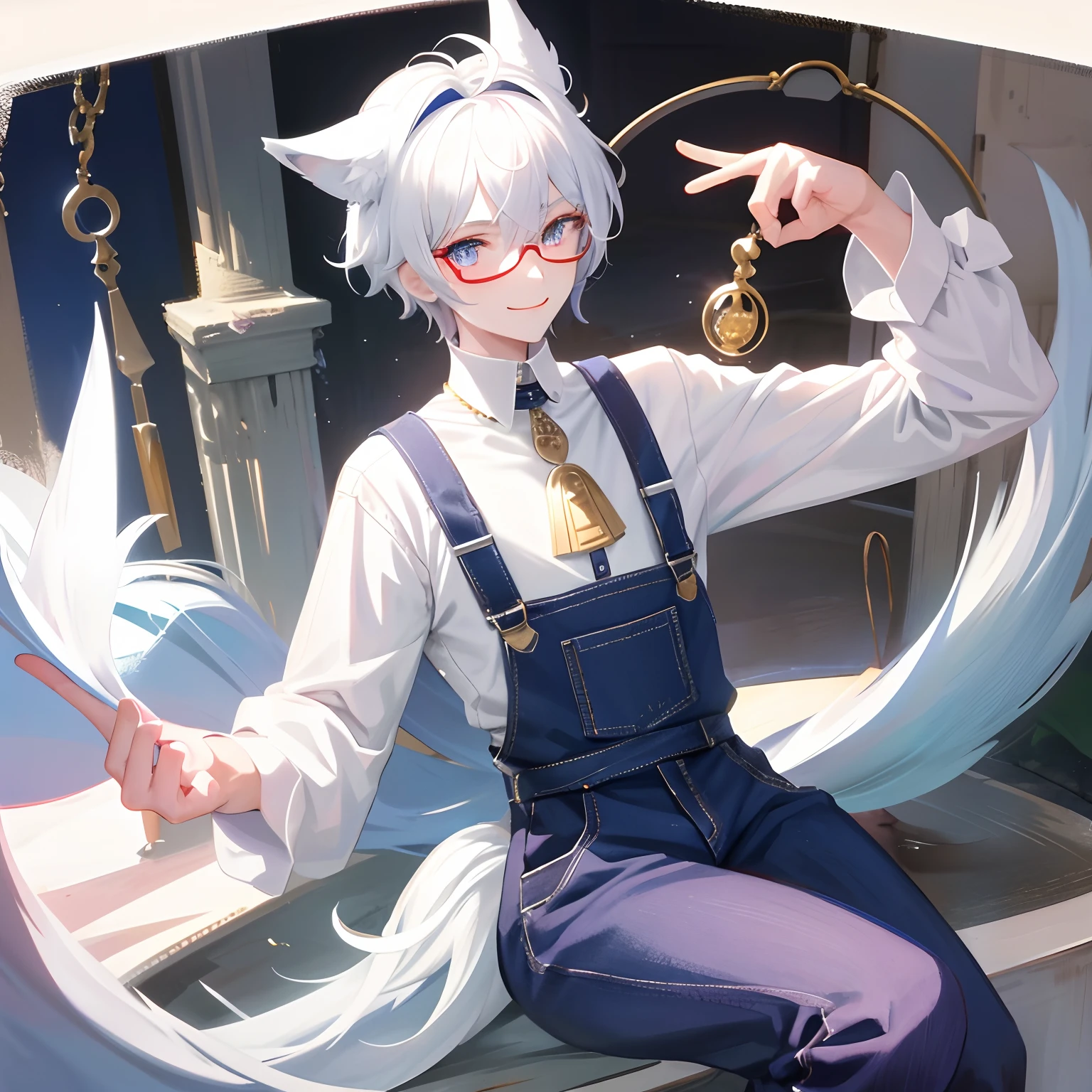 (Masterpiece, Best quality), 1boy, Solo, with short white hair, Wolf ears, Wolf tail, long eyebrow, Heterochromia, Red eye in the right eye, blue eye on left eye, White shirt, Blue overalls, White-framed glasses, Left head purple berets, Neckbells, Light smile, fantasy, Castle