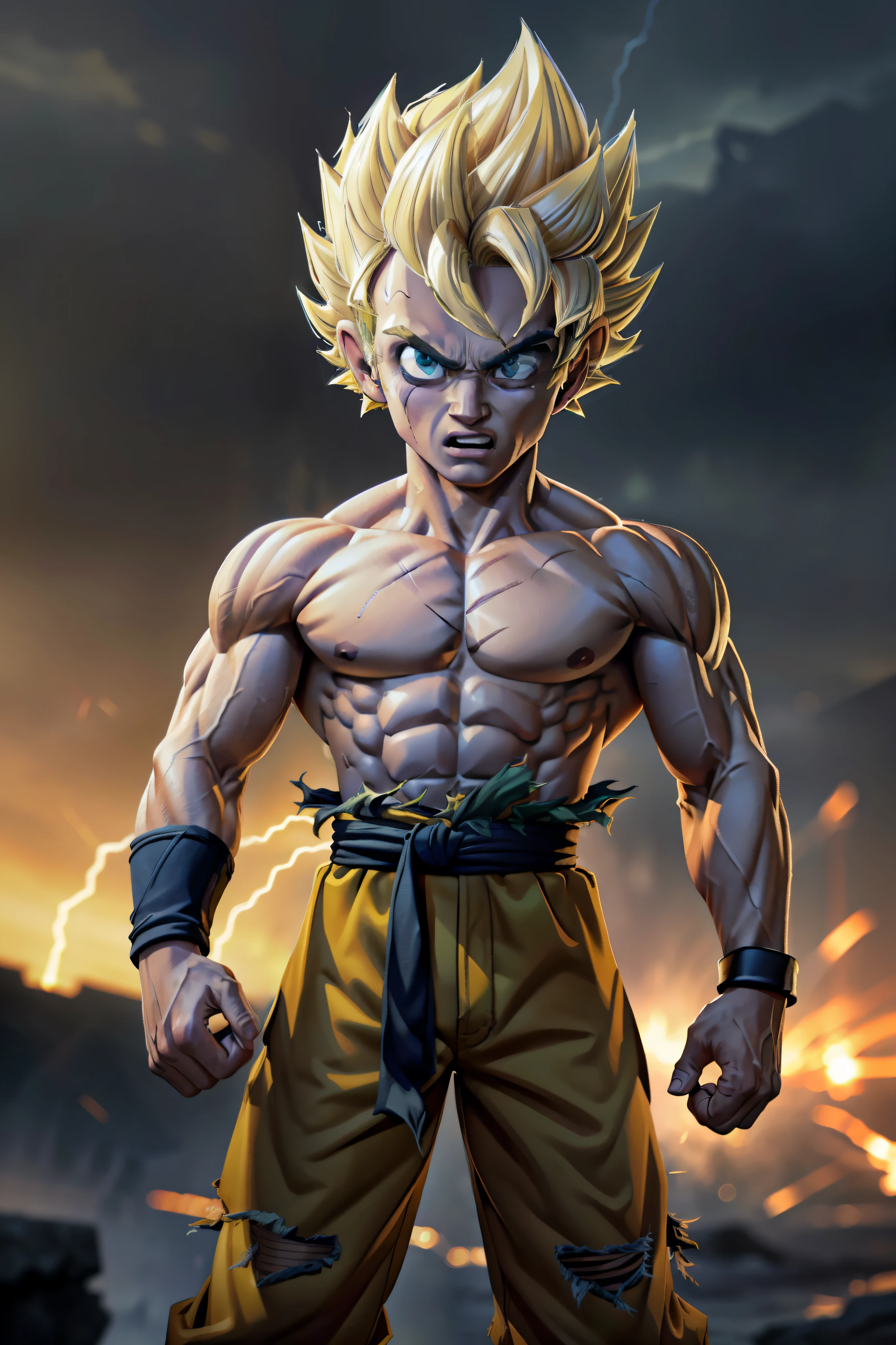 (chef-d&#39;œuvre, meilleure qualité), Détails complexes, 8k, Station artistique, Fond d&#39;écran, art officiel, art éclaboussant, tempête en arrière-plan, netteté, 1garçon, (photoréaliste:1.2) (bokeh) (meilleure qualité) (peau détaillée:1.3) (Détails complexes) (8k) (Yeux détaillés) (netteté) Son Goku, en colère, dégâts de combat, cheveux blond, blue Ceinture, clenched Dents, furieux, yeux verts, foyer masculin, musclé, musclé male, pectoraux, Ceinture, seulement, cheveux hérissés, super saiyan, super saiyan 1, Dents, homme seins nus, vêtements déchirés, bracelet,