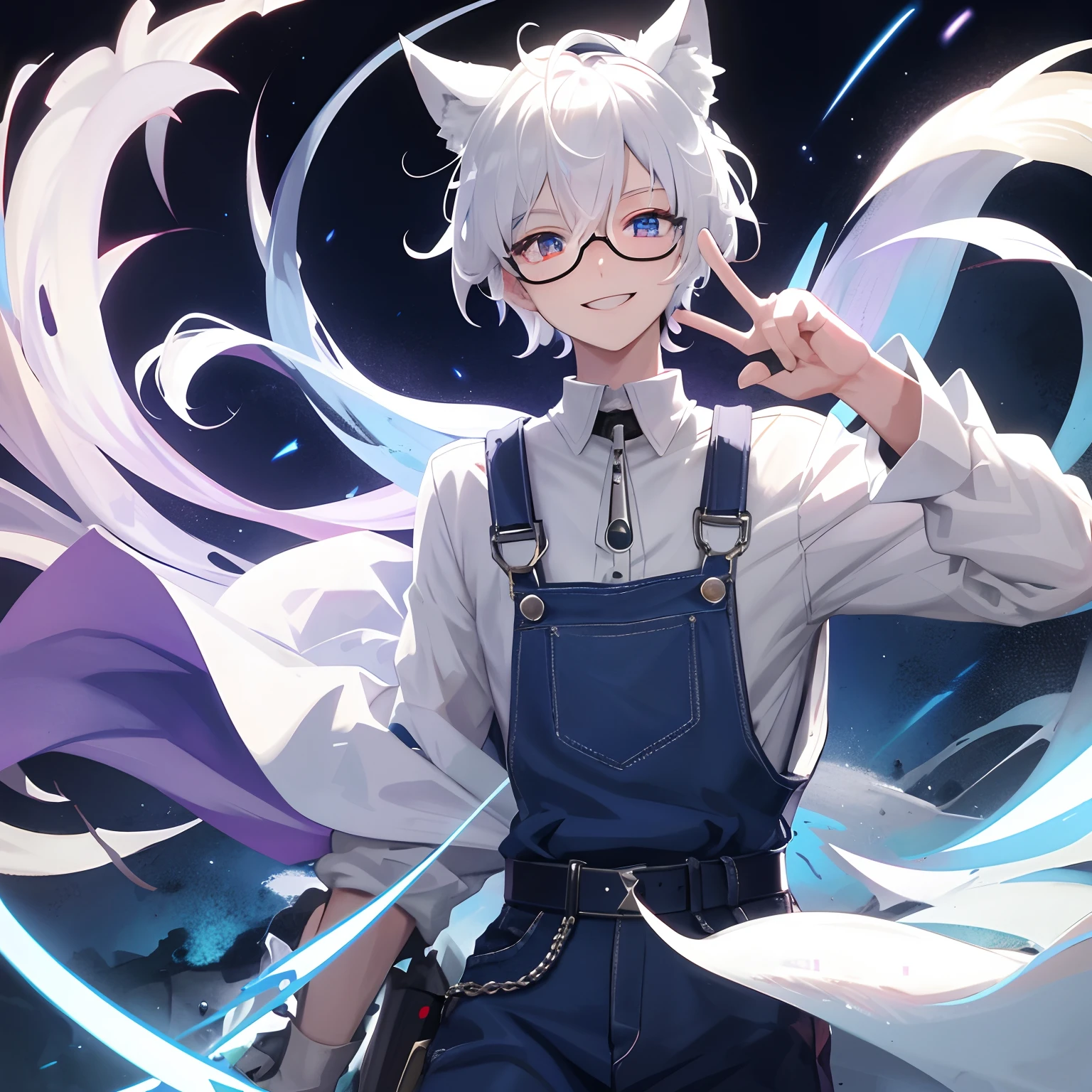 (Masterpiece, Best quality), 1boy, Solo, with short white hair, Wolf ears, Wolf tail, long eyebrow, Heterochromia, Red eye in the right eye, blue eye on left eye, White shirt, Blue overalls, White-framed glasses, Left head purple berets, Neckbells, Light smile, fantasy, Castle