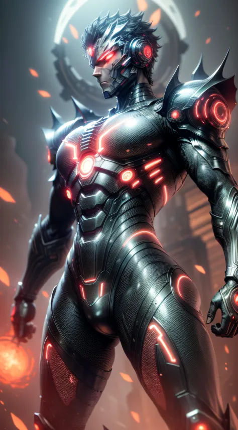 ((masterpiece)), ((best quality)), (ultra-detailed), ((extremely-detailed)), (((1Man))), full body, frontal, warrior, fully armored, Nanotechnology, biotechnology , high-tech futuristic armor, eyes emitting a deep red glow, eyes emitting a fire glow, body ...
