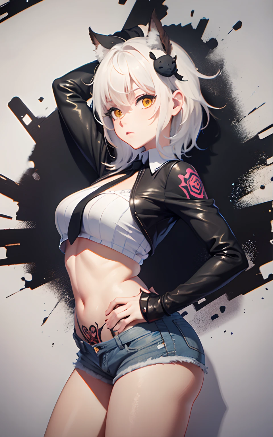 masterpiece, short shorts, masterpiece, best quality, highres, dark persona, watercolor painting theme, (looking at the viewer: 1.1), wide hips, big ass, standing, bent, tojou koneko, yellow eyes, white hair, short hair, hair ornament, white shirt, black ribbon on the neck, tattoo on the abdomen, lust tattoo,