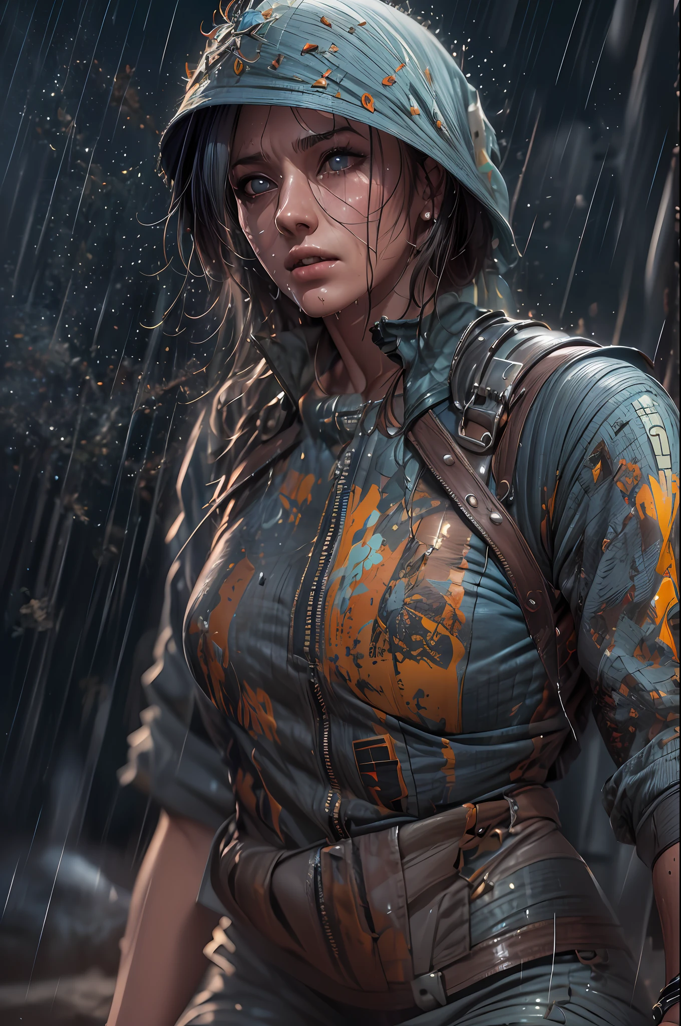 raining,wet,thighs, battlefield, (slim, fit,flat chest, petite),ukranian, photorealistic, high definition, detailed realistic, detailed, hyper detailed, realistic skin texture, ultra high resolution, high resolution,flagpainted, (masterpiece, best quality), facetears,