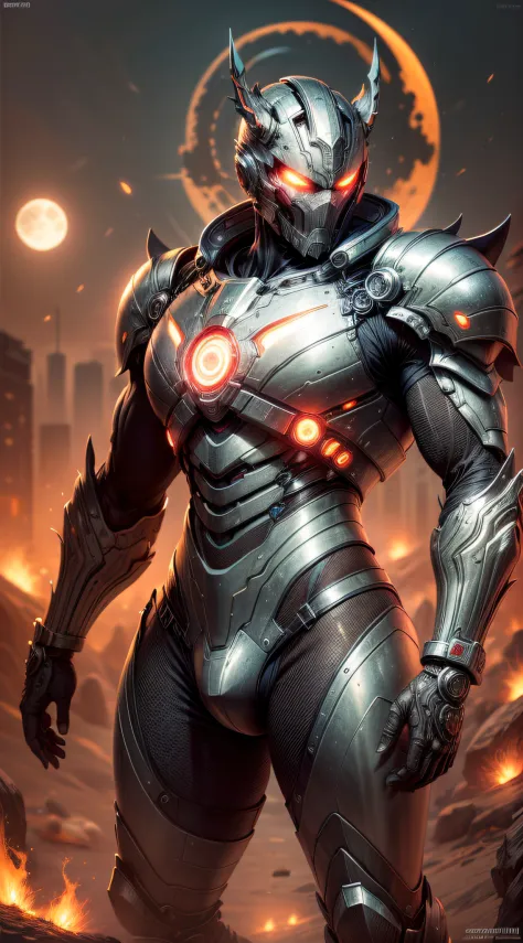 ((masterpiece)), ((best quality)), (ultra-detailed), ((extremely-detailed)), (((1Man))), full body, frontal, warrior, fully armored, robust, extremely powerful, intricate nanotechnology and biotechnology, high-tech futuristic armor, eyes emitting a deep re...