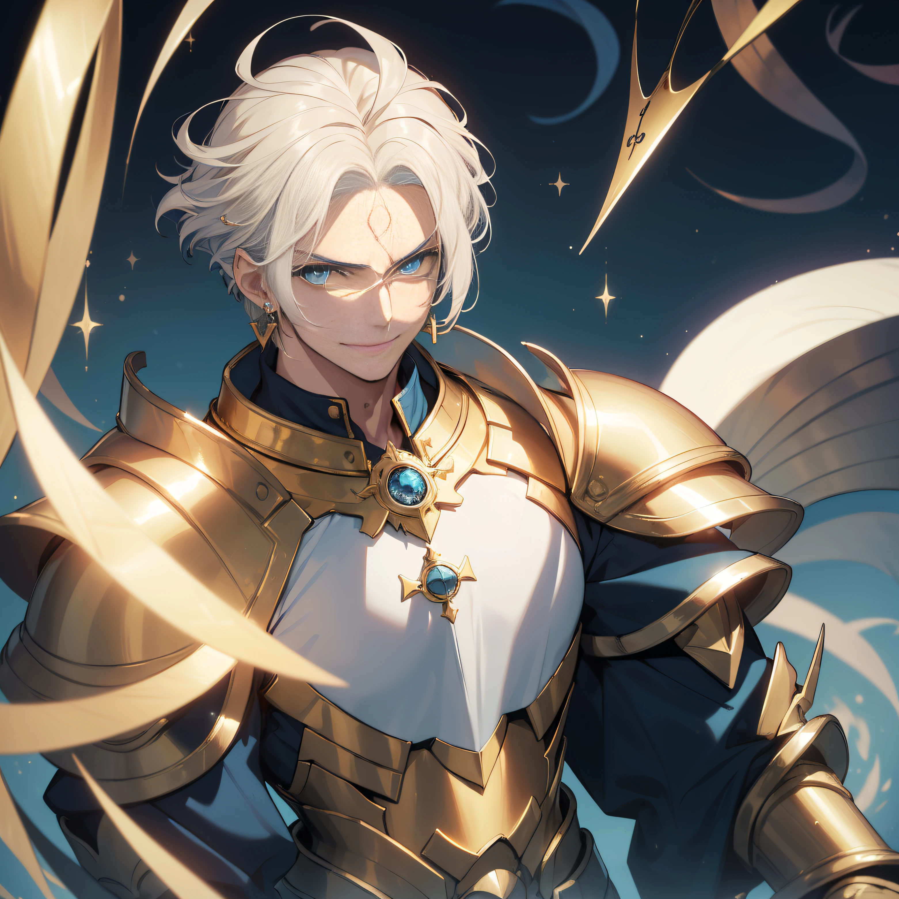 Bokeh, (Masterpiece), (High drawing quality), absurdes, high resolucion, portrait d'un jeune homme aux cheveux blond platine et aux boucles d'oreilles, (homme:1.5), (paladin), (Armure blanche et or:1.5), (cheveux blond platine:1.5),(yeux bleus clairs:1.5), (Gold and dark blue earrings:1.4), (third eye in the middle of the forehead:1.5) boucles d'oreilles rectangulaires, (evil grin), pose dramatique, sourire narquois, (has a third blue eye in the middle of the forehead:1.5), hand in his hair on his head, (regarde le spectateur de haut:1.5), [contemptuous look], (visage fin), (bouche ouverte en souriant), regarde le spectateur