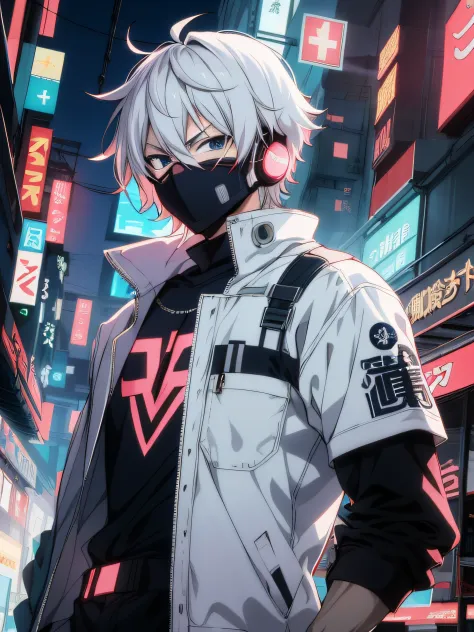 Anime face in a mask standing on a city street, Melhor Anime 4K Konachan Wallpaper, badass anime 8 k, estilo anime 4K, arte digi...