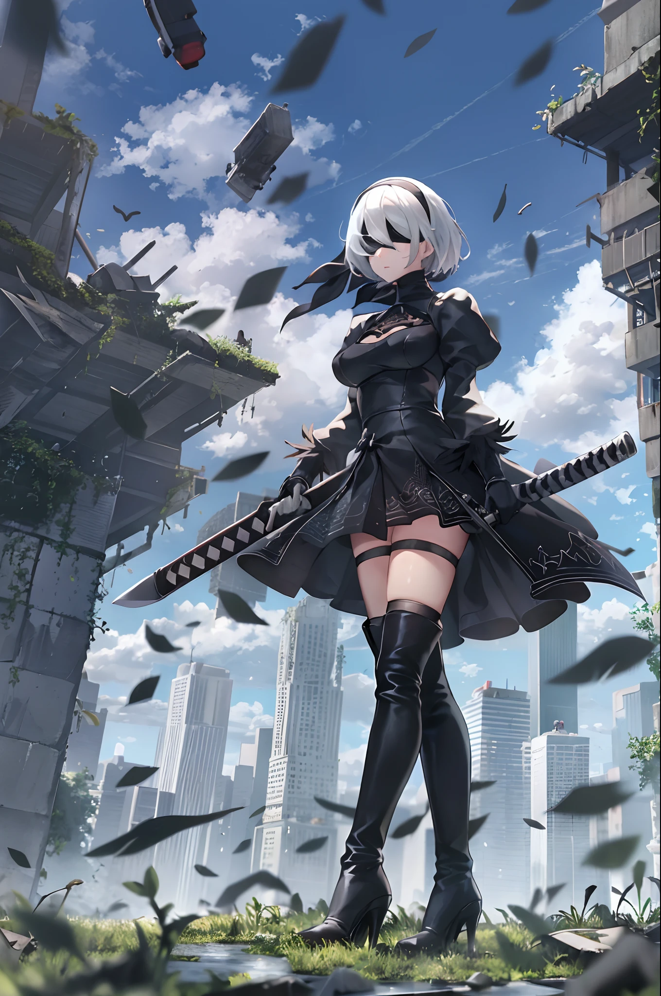 Yorha Non. 2 types B, 1fille, absurdes, black bandeau, black robe, black bandeau pour cheveux, bandeau, blue Ciel, bottes, bâtiment, Ville, nuage, yeux couverts, débris, robe, manches à plumes, bordure en plumes, par le bas, gants, herbe, bandeau pour cheveux, high heel bottes, Talons hauts, haute résolution, manches Juliette, katana, cuir, cuir bottes, manches longues, NieR \(série\), NieR automata, En plein air, trop développé, sous \(NieR automata\), post-apocalypse, flaque, Manches bouffantes, décombres, ruines, paysage, Ciel, thigh bottes, hauts de cuisse, hauts de cuisse under bottes, eau