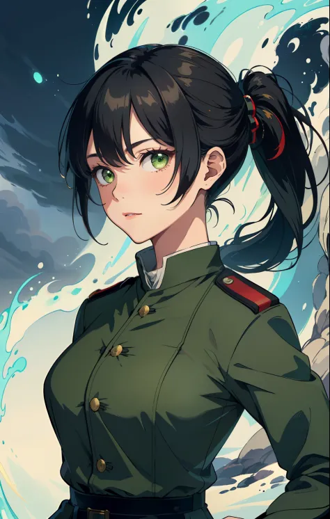 (((Best Quality)), ((Masterpiece)), (Detailed:1.4), 1women, 独奏, black hair, Green eyes, pony tail, glowing eyes, , a perfect face, Military uniform of the German Empire, Khaki raincoat, combat boots, Prehistory of the Kaiser's Empire, Morning lighting, Cas...