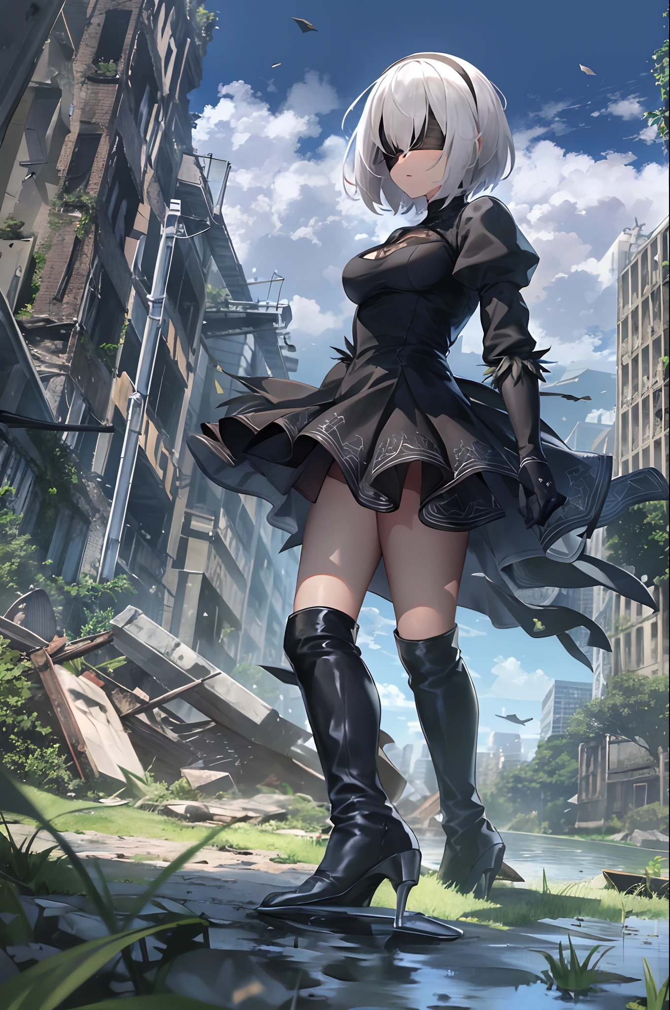 yorha no. 2 type b, 1girl, absurdres, black blindfold, black dress, black hairband, blindfold, blue sky, boots, building, city, cloud, covered eyes, debris, dress, feather-trimmed sleeves, feather trim, from below, gloves, grass, hairband, high heel boots, high heels, highres, juliet sleeves, katana, leather, leather boots, long sleeves, nier \(series\), nier automata, outdoors, overgrown, pod \(nier automata\), post-apocalypse, puddle, puffy sleeves, rubble, ruins, scenery, sky, thigh boots, thighhighs, thighhighs under boots, water