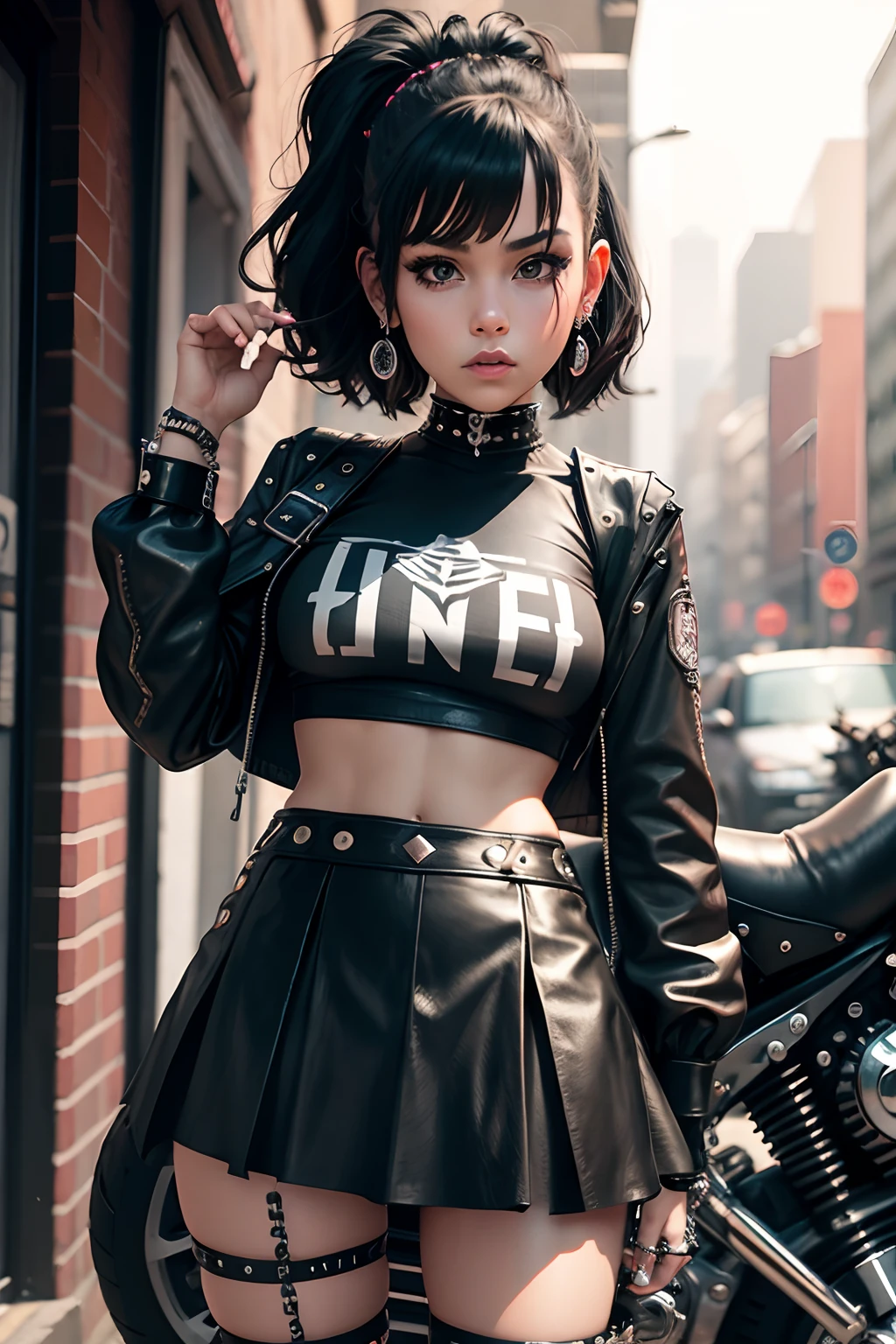 There is a woman in a leather outfit posing next to a motorcycle - SeaArt AI