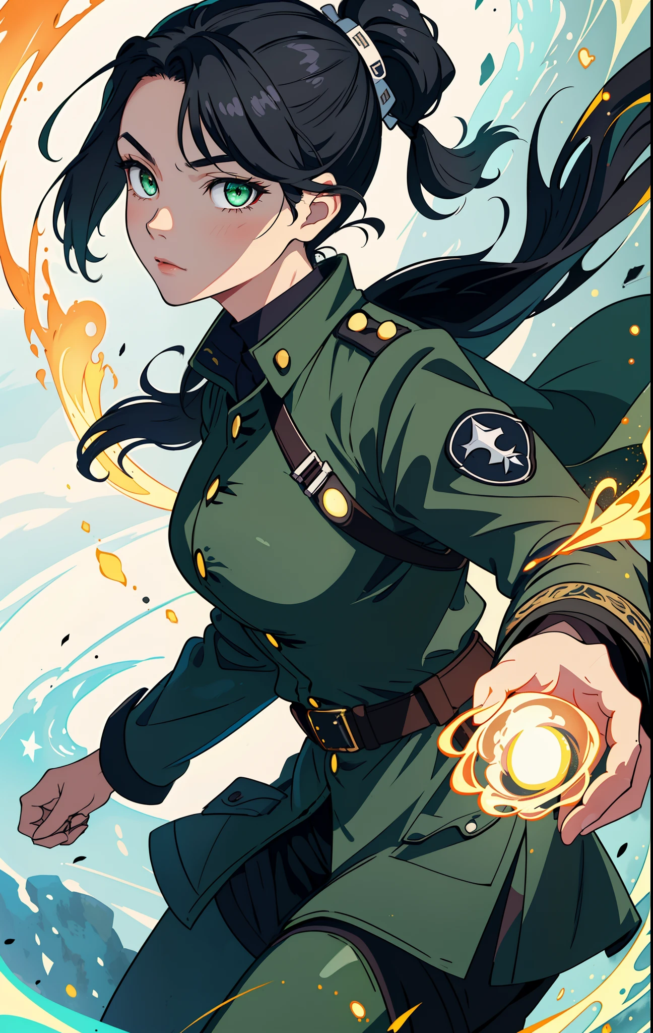 (((Best Quality)), ((Masterpiece)), (Detailed:1.4), 1women, solo, black hair, Green eyes, pony tail, glowing eyes, , a perfect face, Military uniform of the German Empire, Khaki raincoat, combat boots, Prehistory of the Kaiser's Empire, Morning lighting, Casting magic spells, The magic of the wind, Ethereal luminous aura,), ( military uniform), big breastes