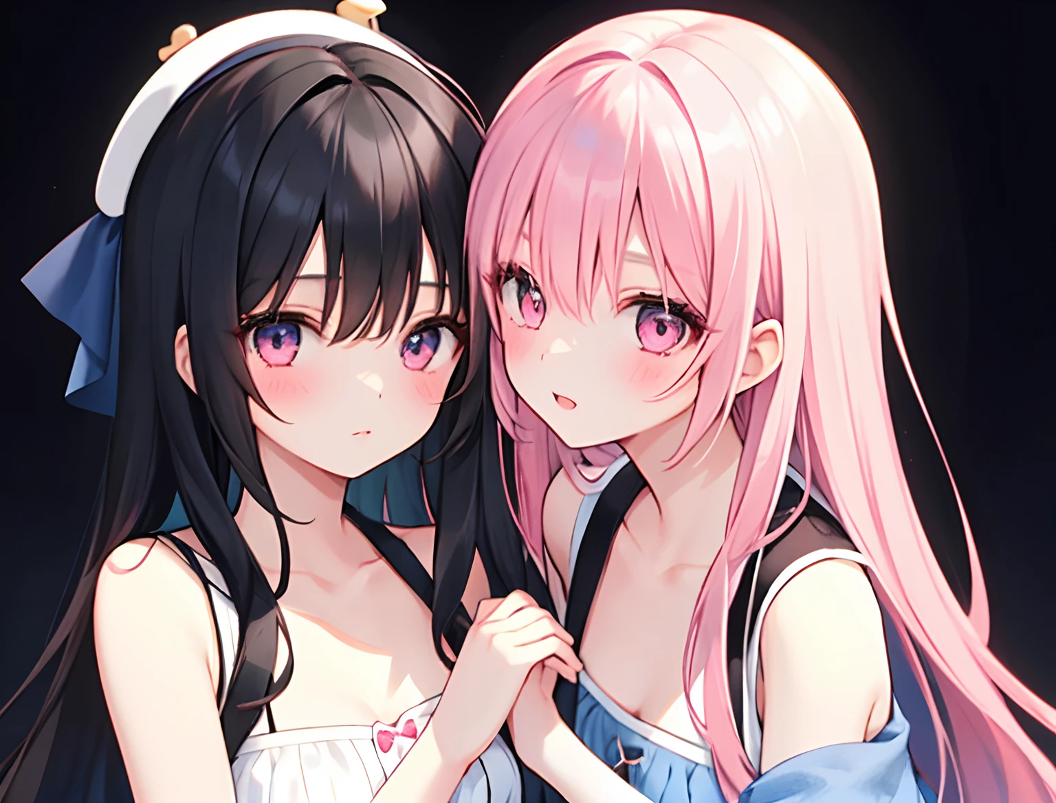 2girls，Girl1：，adolable，A pink-haired，long whitr hair，girl 2：black color hair，long whitr hair，Touch each other's chests
