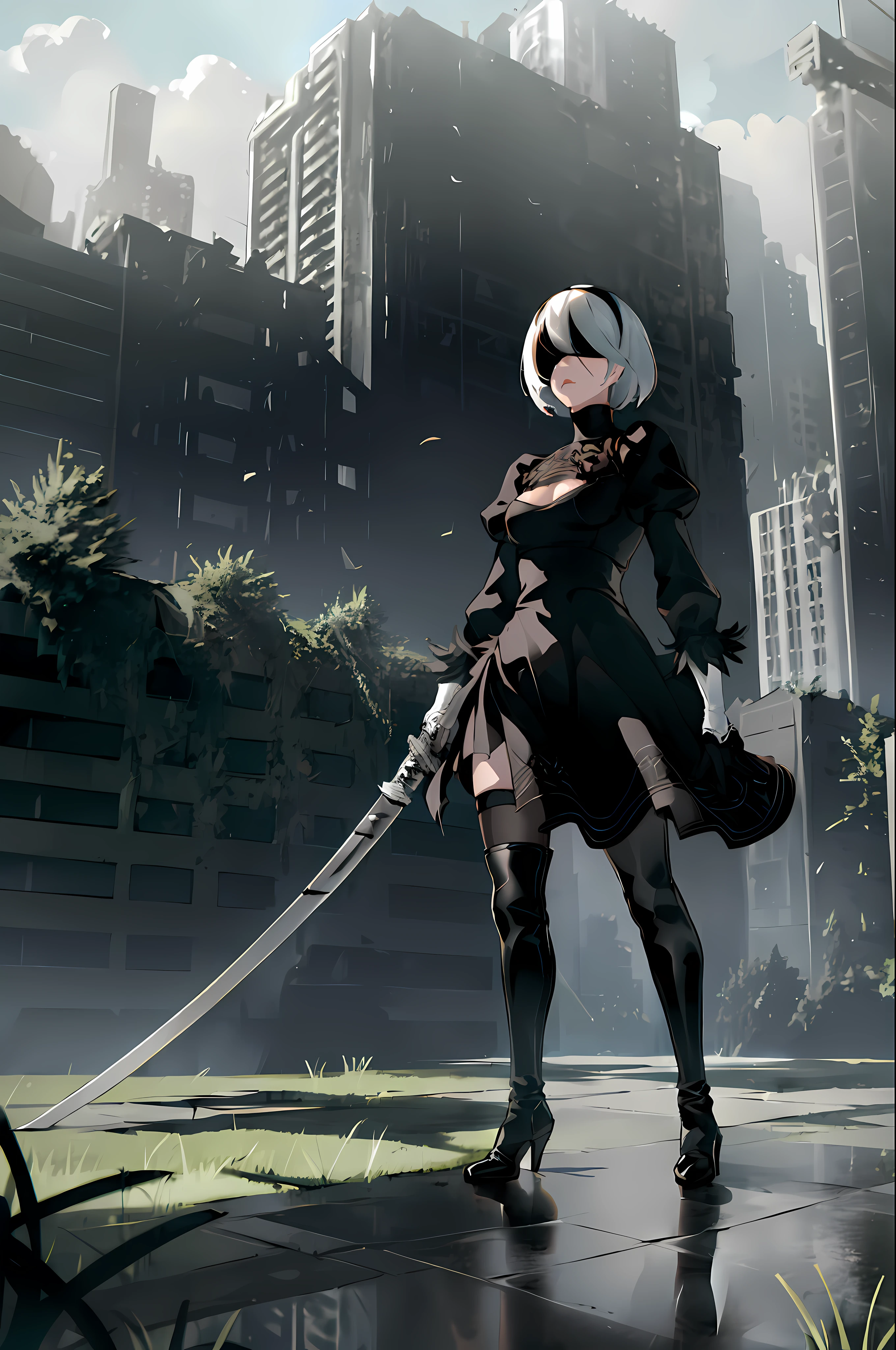 Anime girl with a sword in a city with tall buildings - SeaArt AI