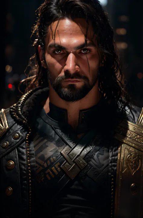 Homem com cabelos longos e barba usando uma jaqueta de couro, macho atraente com armadura, imagem de um guerreiro masculino adul...