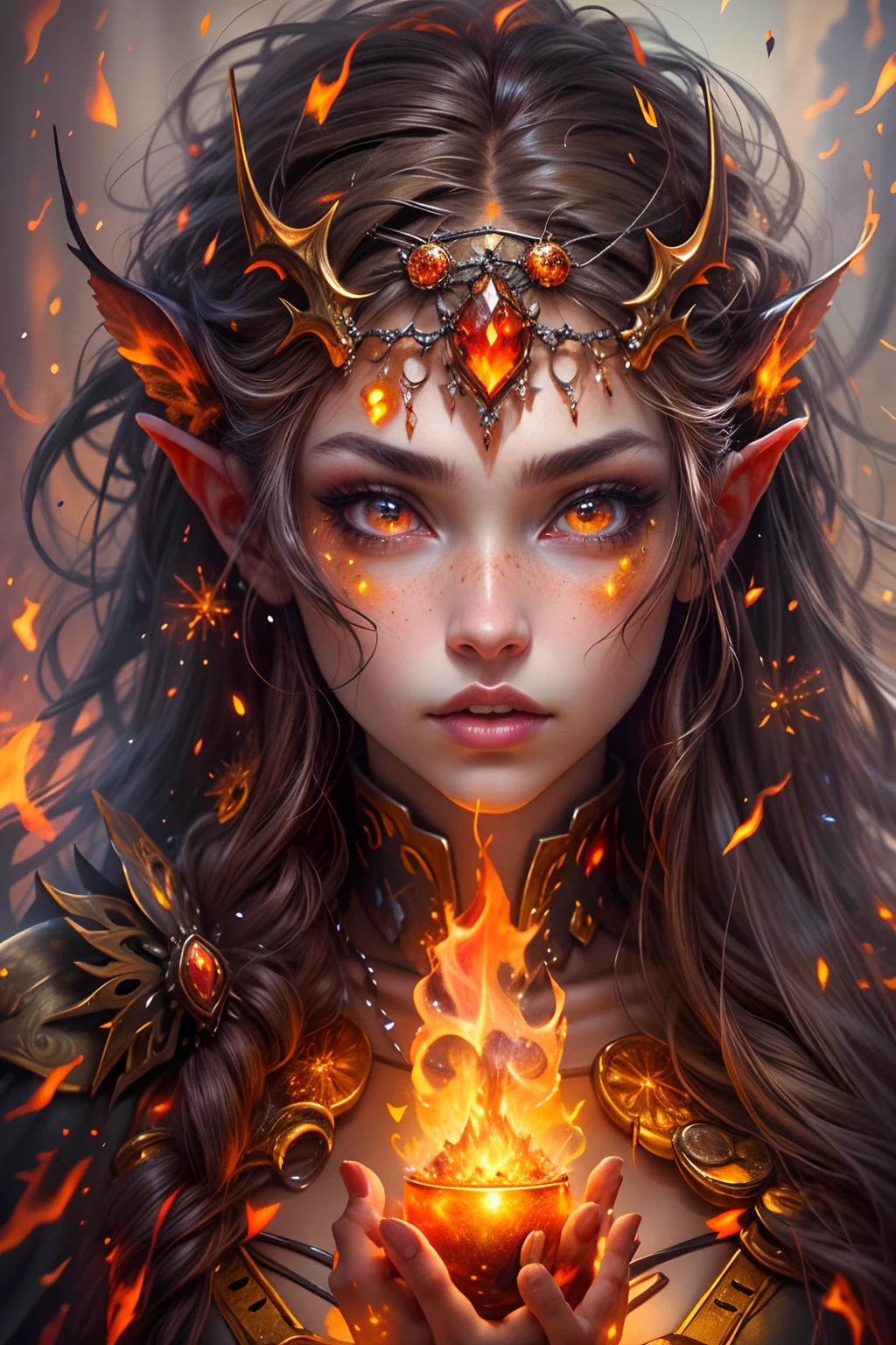 Generate a masterpiece artwork of a  female fire druid と orange and gold large eyes. これ (現実的なファンタジー) 芸術には残り火が含まれている, 本物の炎, 本当の熱, リアルな火. The fire druid is awe-inspiring と beautiful ((リアルな燃えるような目)) alight と confidence and power. 彼女の顔立ちは優雅ではっきりしている, と puffy and kissable lips, エルフのような骨の構造, リアルな陰影. 彼女の目は重要であり、この作品の焦点となるべきである, と ((非常にリアルなディテール, マクロの詳細, きらめき.)) 彼女は、炎の光の中できらめく本物の炎と宝石で作られた、ふわふわと輝くドレスを着ています。. バンプを含める, 石, 燃えるような虹彩, 燃える残り火, シルク、サテン、革, 興味深い背景, ファンタジー要素が強い.